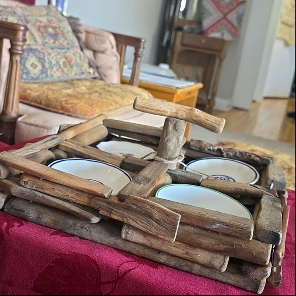40s Handcrafted Unfinished Heavy Wood Serving Tray A Rare Cottage Beauty